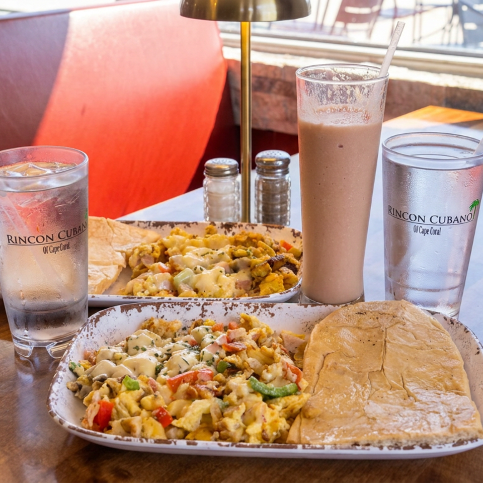 Two plates of scrambled eggs with vegetables and bread, alongside iced drinks and a smoothie at a Cuban restaurant.