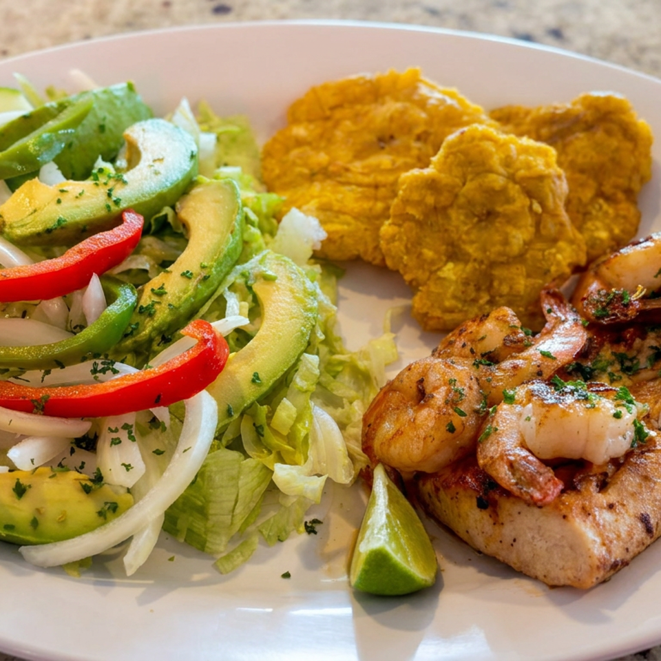 Grilled fish topped with shrimp, served with avocado salad, fried plantains, lime, and fresh vegetables on a white plate.