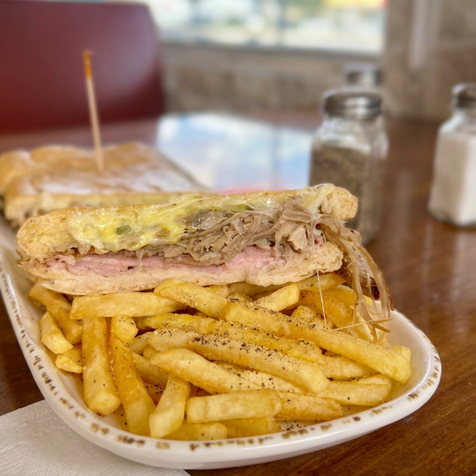 A toasted sandwich filled with sliced meat, melted cheese, and onions sits beside seasoned fries on a diner table.