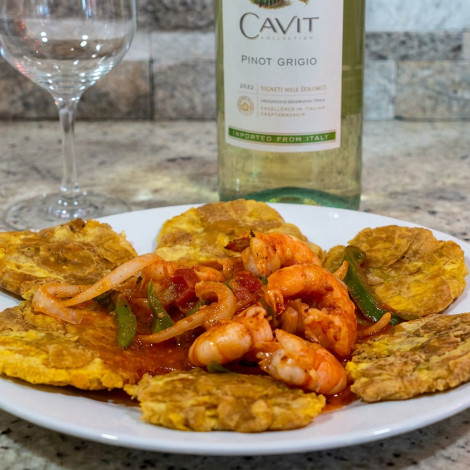 Plate of shrimp in tomato sauce with onions and peppers, surrounded by fried green plantains, beside a bottle of Pinot Grigio.