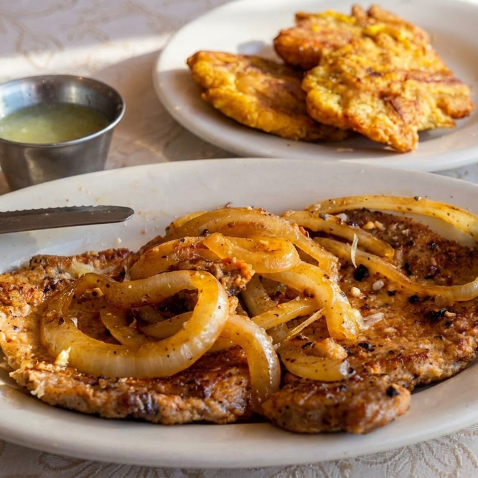 Crispy breaded cutlets topped with sautéed onions on a white plate, with fried pieces and dipping sauce on a patterned table.