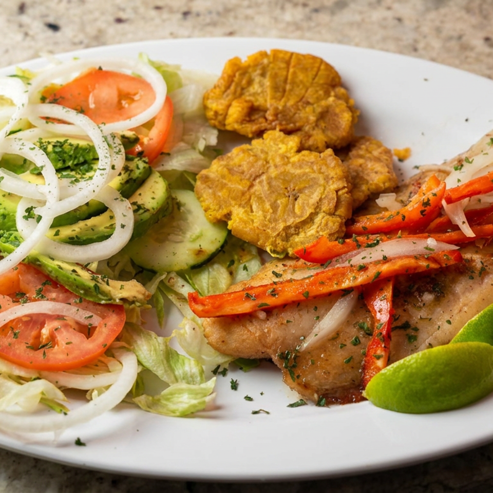 Plate of grilled meat with red peppers, fried plantains, salad, avocado, and lime wedges.