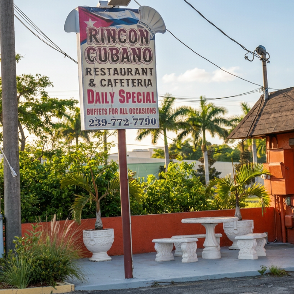 Exterior of Rincon Cubano Cuban restaurant and cafeteria with Cuban flag, sign, tropical landscaping, and outdoor concrete seating.