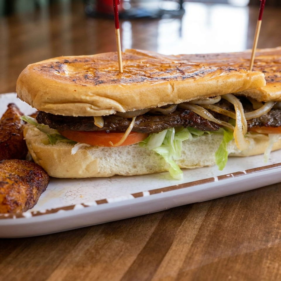 Grilled burger with onions, lettuce, and tomato served with seasoned potato wedges on a plate.
